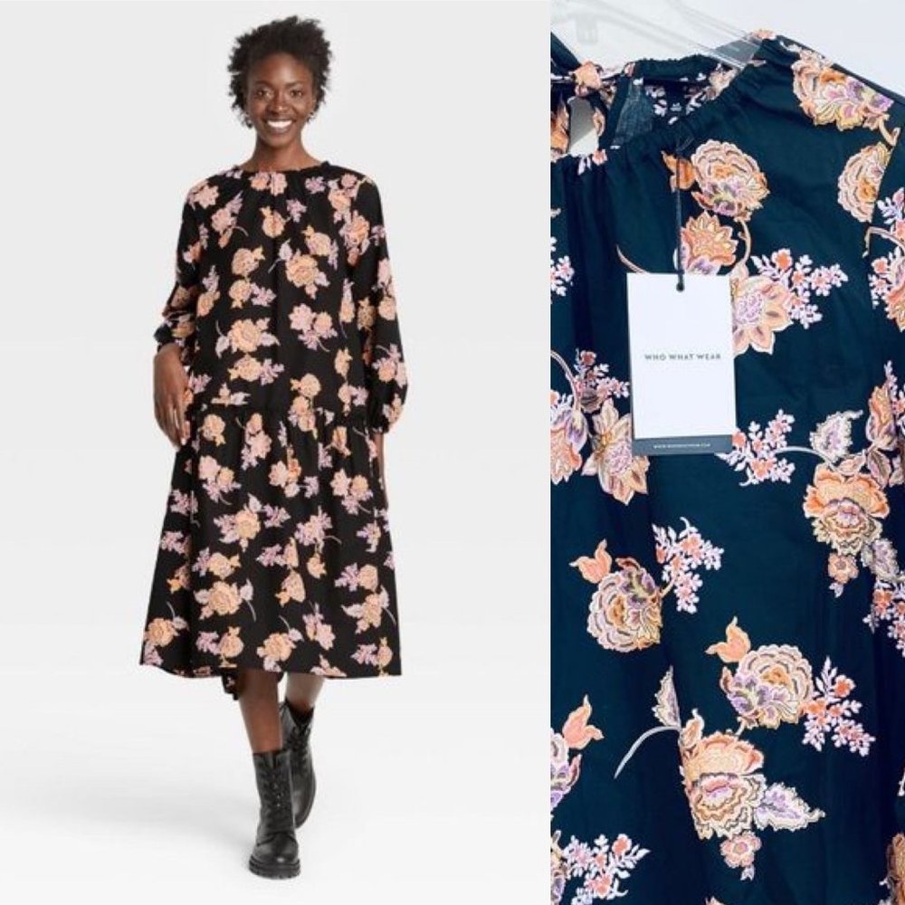 Who What Wear Women's Dress Large Black Floral Midi Long Sleeve High Low New